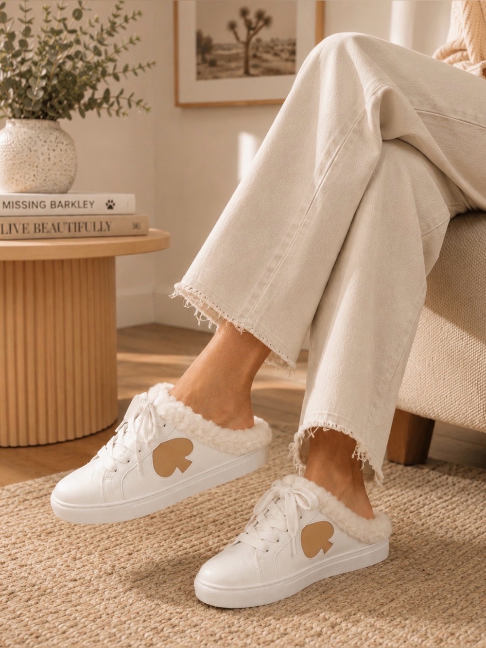 Kate Spade New York Faux Fur Lace Up Sneakers Ivory Size 7B - Picture 3 of 9